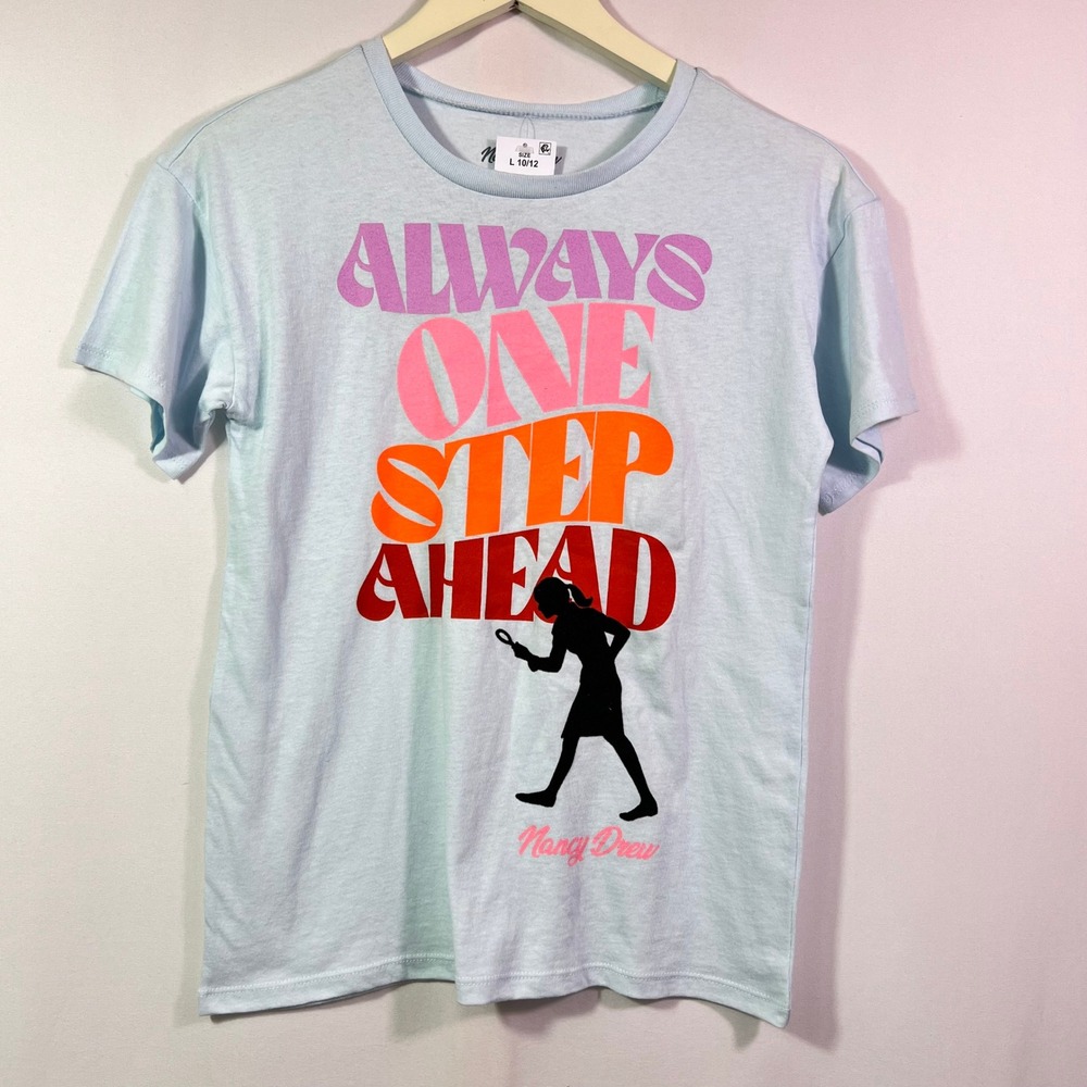 Nancy Drew Always One Step Ahead Graphic Tee Light Blue Kids Large 10/12 Cotton